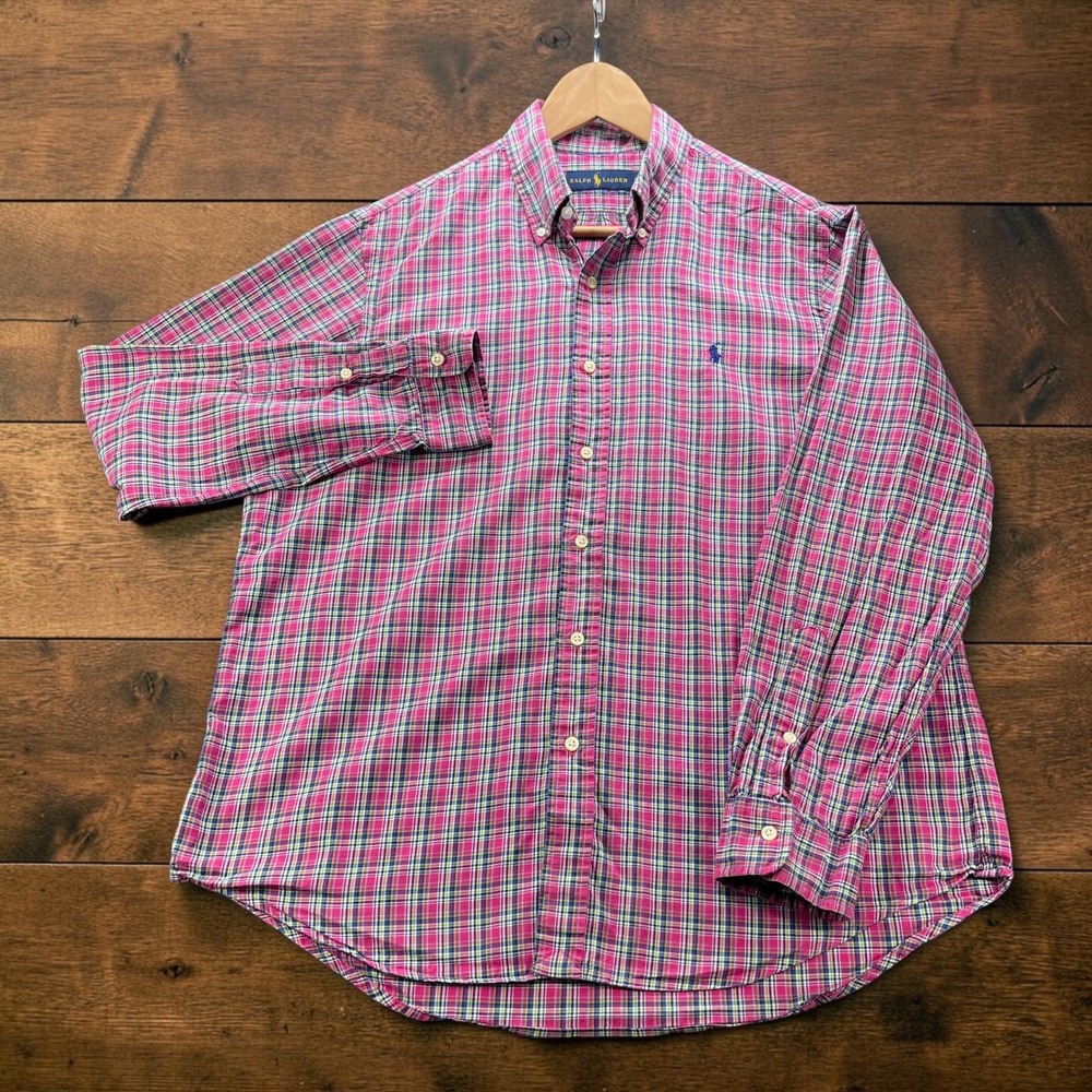 Ralph Lauren Mens L Pink Green Plaid Cotton Button Down Shirt Long Sleeve Pony